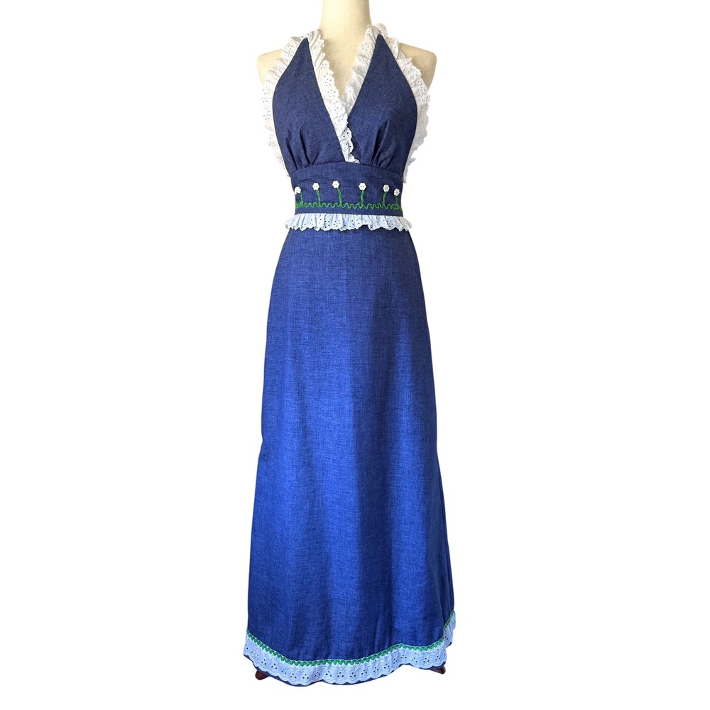 Pommy Jrs Vintage 70s Denim Halter Maxi Dress Eyelet Lace Ric Rac Size 4